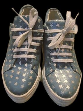 Womens PIRAHNA ITALIA -Metallic Silver Stars- Blue Suede-Platform-size 37